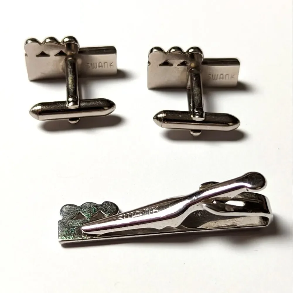 Vintage Swank Silver Tone Mod Circles Rectangular Cufflinks and Tie Clasp Set
